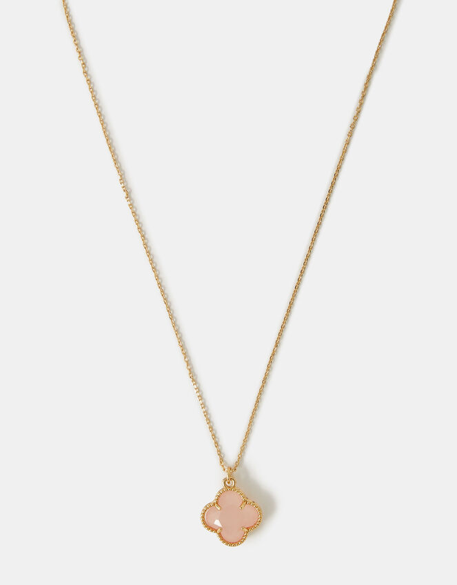 14ct Gold-Plated Rose Quartz Clover Pendant Necklace, , large