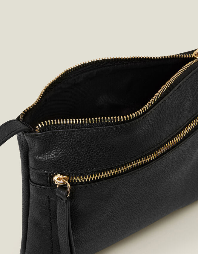 Zip Detail Leather Cross-Body Bag, Black (BLACK), large