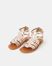 Metallic Leather Gladiator Sandals, Gold (ROSE GOLD), large