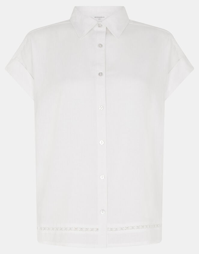 Lace Trim Linen Blend Shirt , White (WHITE), large