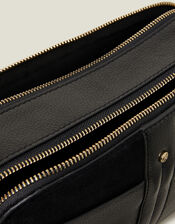 Double Zip Leather Cross-Body Bag, Black (BLACK), large