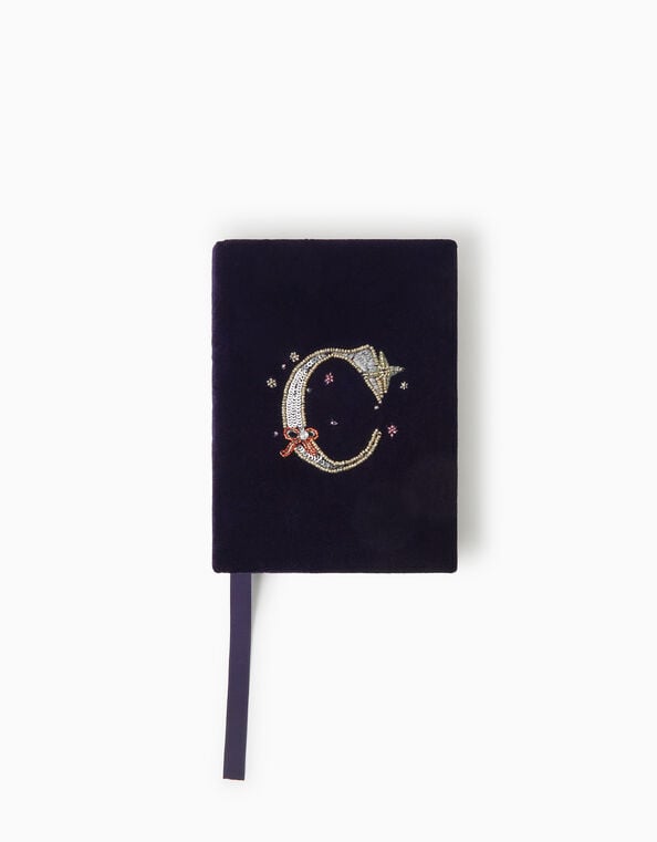 Sequin Initial Velvet Notebook, Blue (NAVY), large