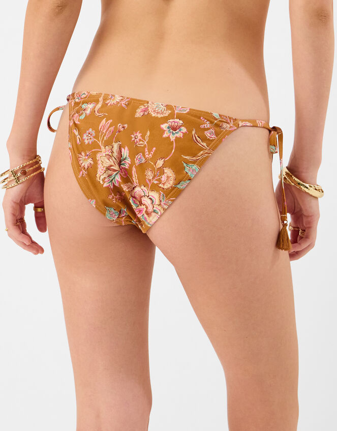 Floral Print Tie Side Bikini Bottoms, Orange (RUST), large