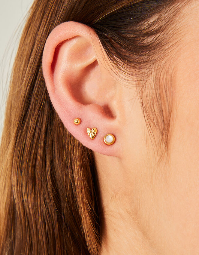 3-Pack 14ct Gold-Plated Heart Stud Earrings, , large