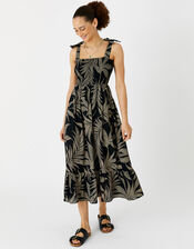 Palm Print Tie-Shoulder Midi Dress, Black (BLACK), large