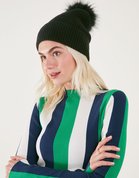 Knit Pom-Pom Beanie with Recycled Fabric, Black (BLACK), large