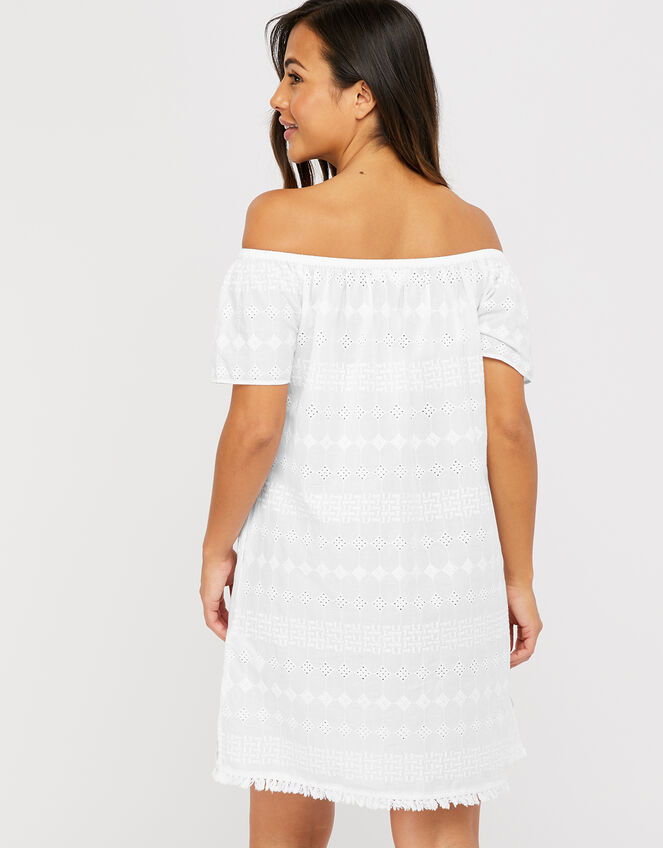 Schiffli Bardot Dress, White (WHITE), large