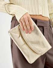 Fold-Over Metallic Leather Clutch Bag, , large