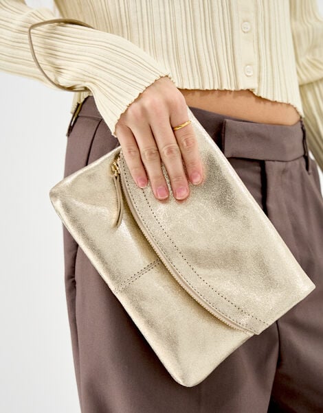 Fold-Over Metallic Leather Clutch Bag, , large