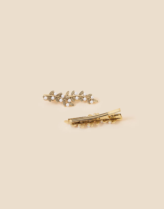 Pearl Leaf Hair Clips Set of Two, , large