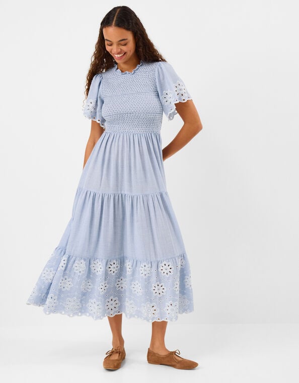 Smocked Cutwork Midi Dress, Blue (LIGHT BLUE), large