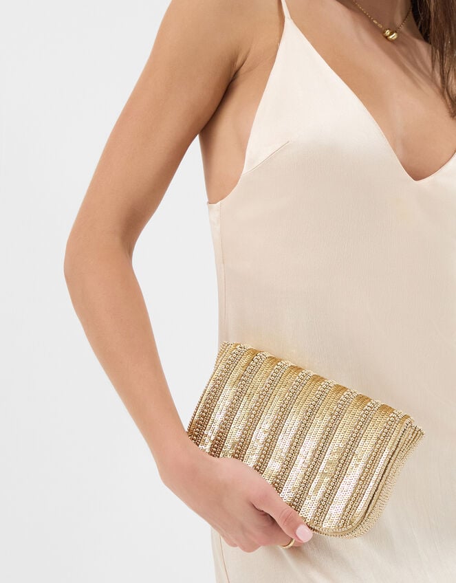 Beaded Fold-Over Clutch Bag, Gold (GOLD), large