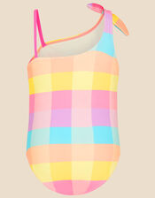 Girls Asymmetric Check Swimsuit, Multi (BRIGHTS-MULTI), large