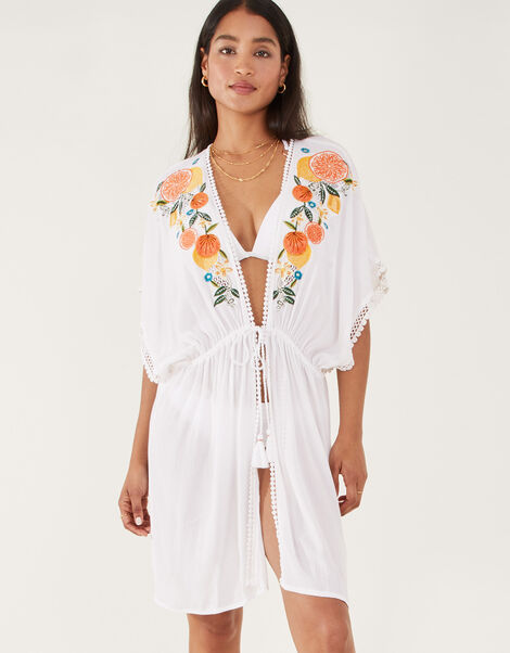 Lemon and Orange Embroidered Open Back Kaftan, Ivory (IVORY), large