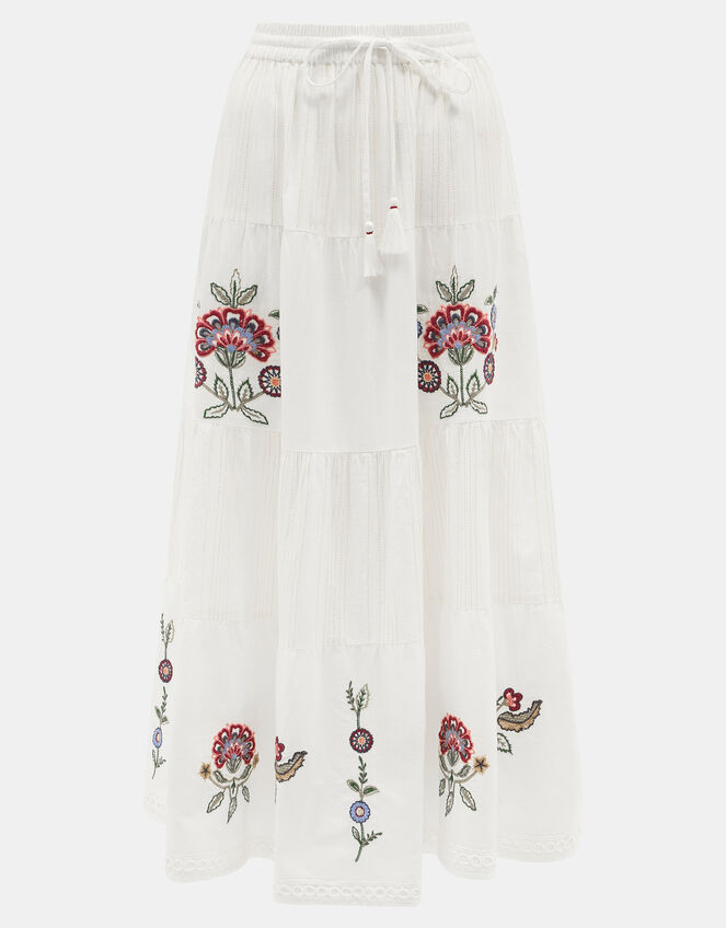 Floral Embroidered Tiered Maxi Skirt, Ivory (IVORY), large