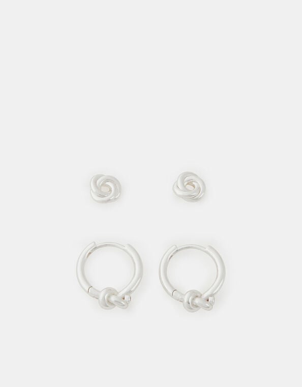 2-Pack Sterling Silver-Plated Knot Hoop Earrings, , large