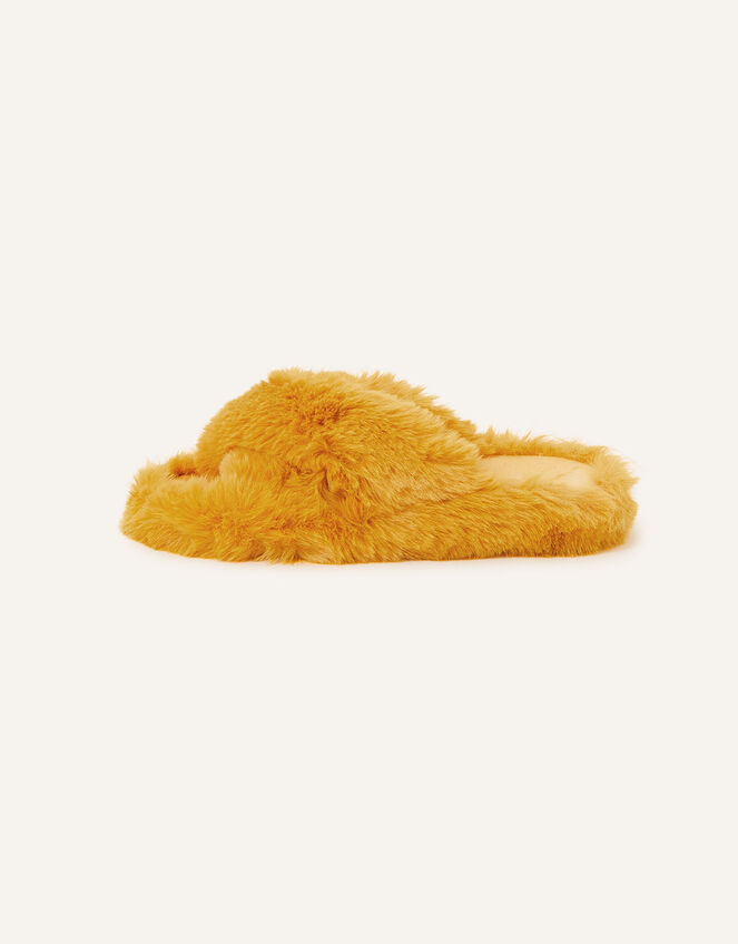 Faux Fur Crossover Sliders, Yellow (OCHRE), large