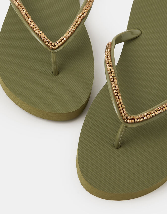 Bead Embellished EVA Flip Flips, Green (KHAKI), large