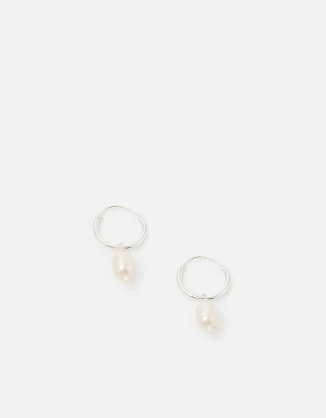 Sterling Silver Pearl Hoop Earrings, , large