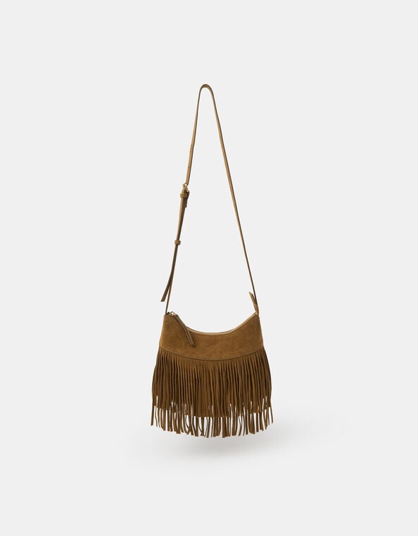 Fringe Suede Crossbody Bag, Tan (TAN), large