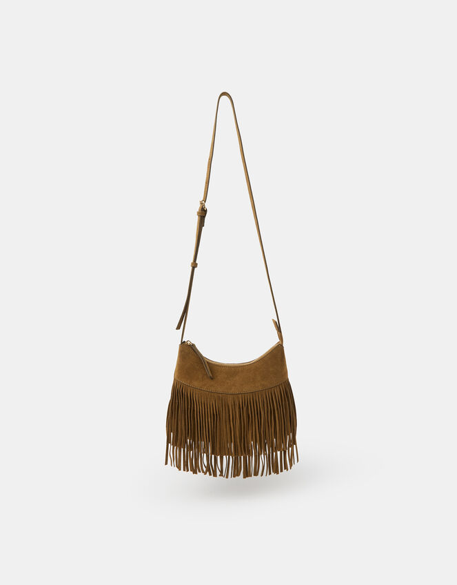 Fringe Suede Crossbody Bag, Tan (TAN), large