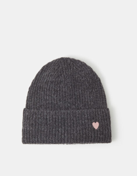 Heart Embroidered Beanie Hat, Grey (GREY), large