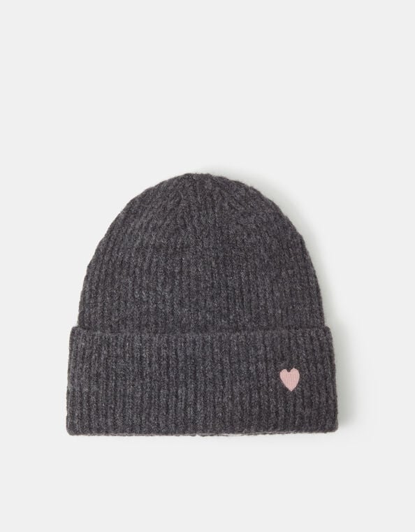 Heart Embroidered Beanie Hat, Grey (GREY), large