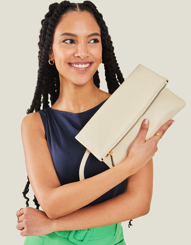 Leather Fold-Over Clutch Bag, Cream (CREAM), large