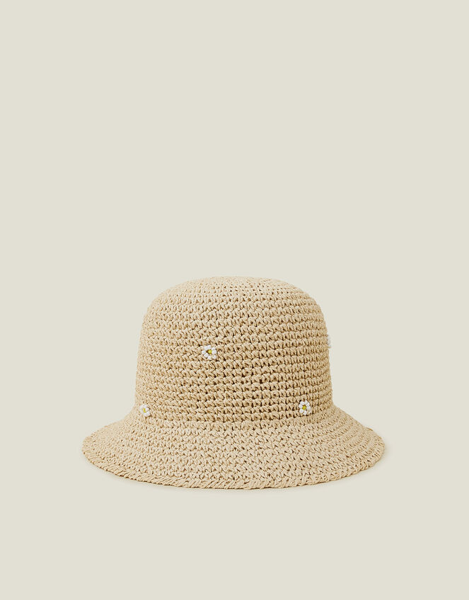 Daisy Embellished Woven Bucket Hat, , large