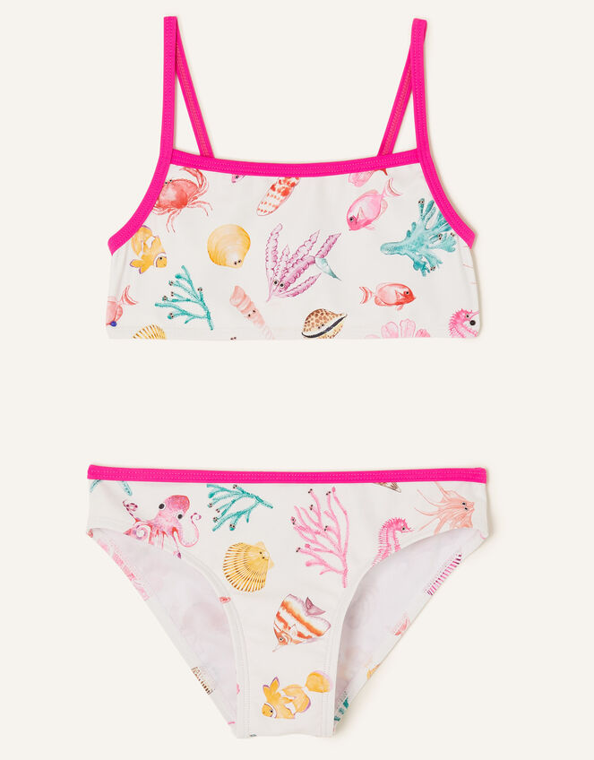 Girls Shell and Fish Print Bikini Set with Recycled Polyester, Multi (PASTEL-MULTI), large