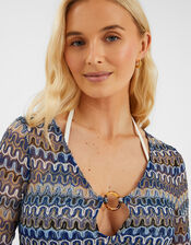 Sheer Stitch Beach Cover-Up Mini Dress, Blue (BLUE), large