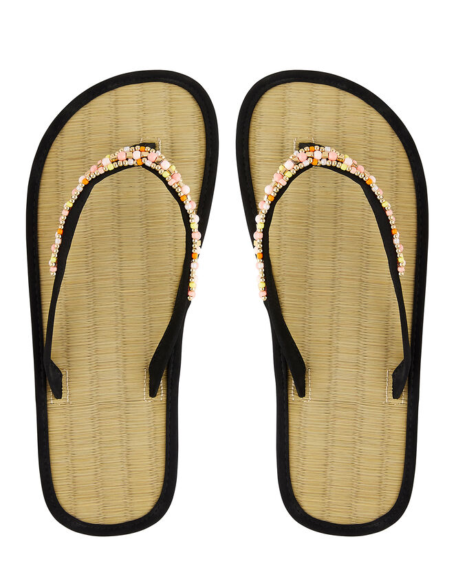 Beaded Seagrass Flip-Flops, Black (BLACK), large
