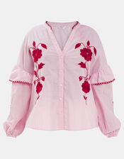Floral Embroidered Stripe Blouse, Red (RED), large