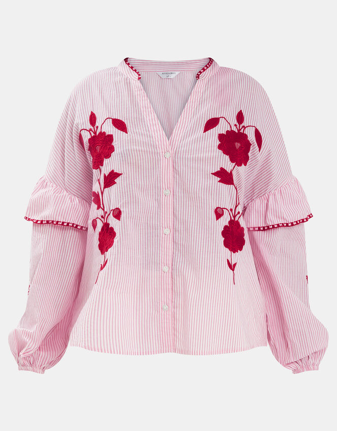 Floral Embroidered Stripe Blouse, Red (RED), large