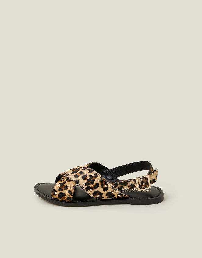 Leopard Print Cross Strap Leather Sandals, Leopard (LEOPARD), large
