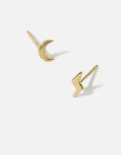 Gold-Plated Moon and Bolt Stud Earrings, , large