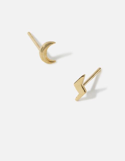 Gold-Plated Moon and Bolt Stud Earrings, , large