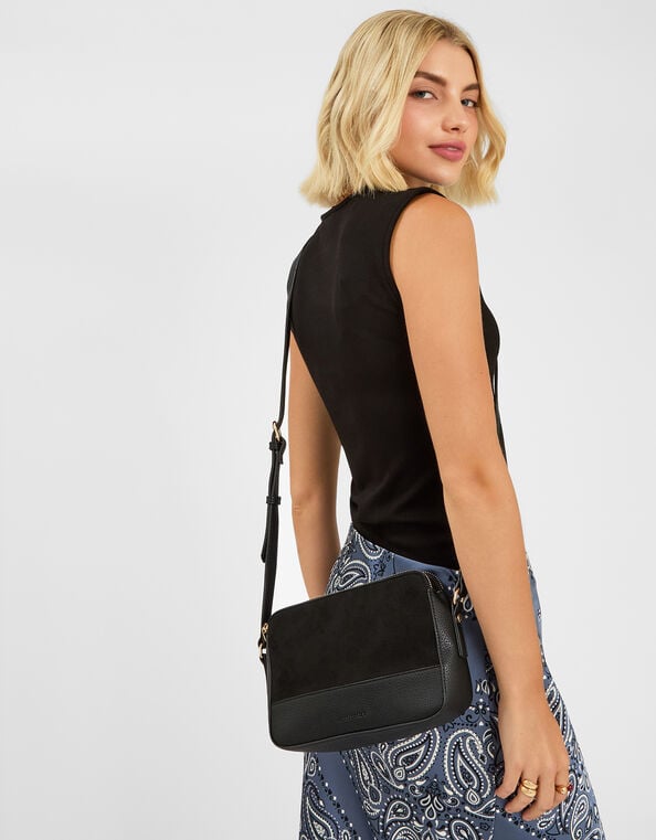 Faux Suede Crossbody Bag, Black (BLACK), large
