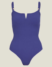 V-Front Seersucker Swimsuit, Blue (BLUE), large