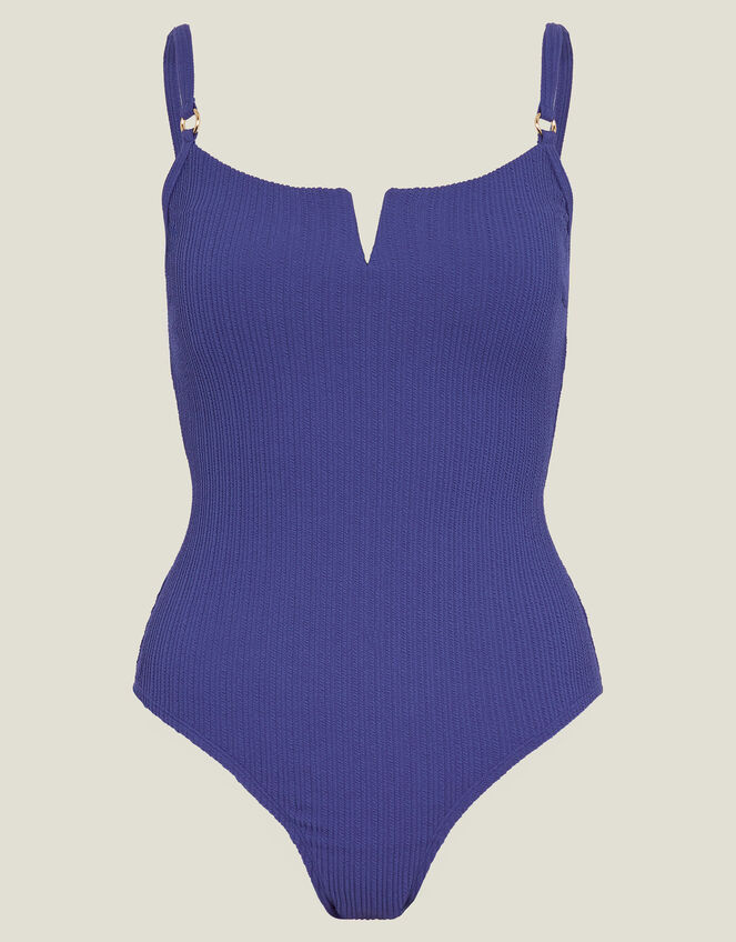 V-Front Seersucker Swimsuit, Blue (BLUE), large