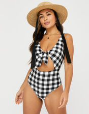 Gingham Cut-Out Plunge Swimsuit, Black (BLACK/WHITE), large