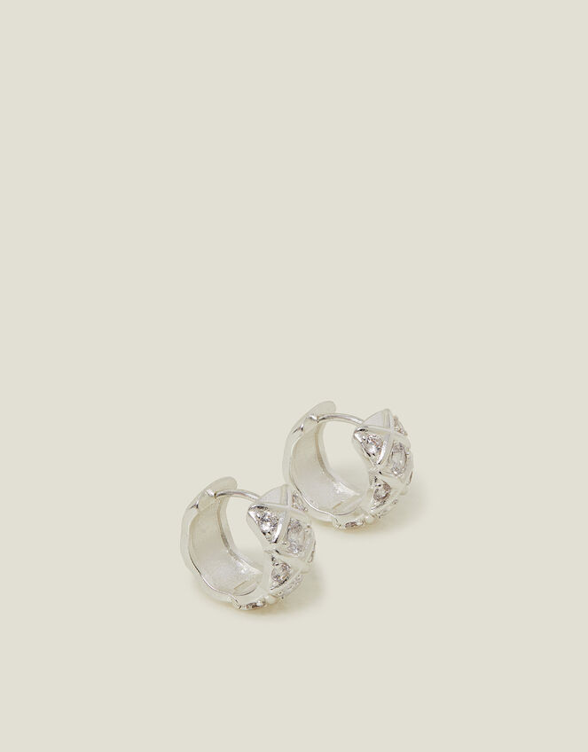 Sterling Silver-Plated Diamanté Check Hoop Earrings, , large