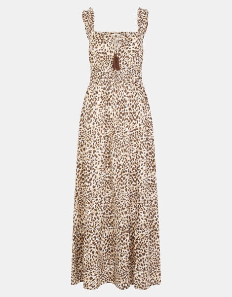 Sleeveless Leopard Print Midi Dress, Brown (BROWN), large