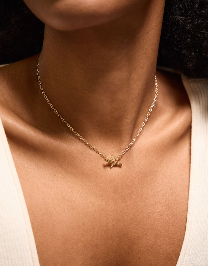 14ct Gold-Plated Star T-Bar Necklace, , large