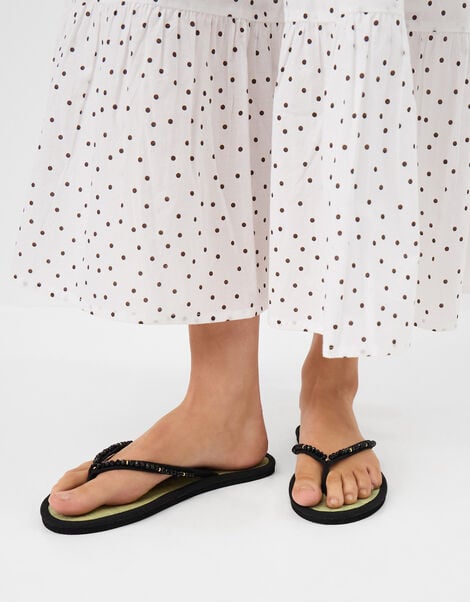 Beaded Seagrass Flip Flops, Black (BLACK), large