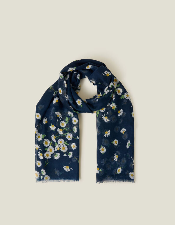 Lightweight Daisy Print Scarf, Blue (NAVY), large