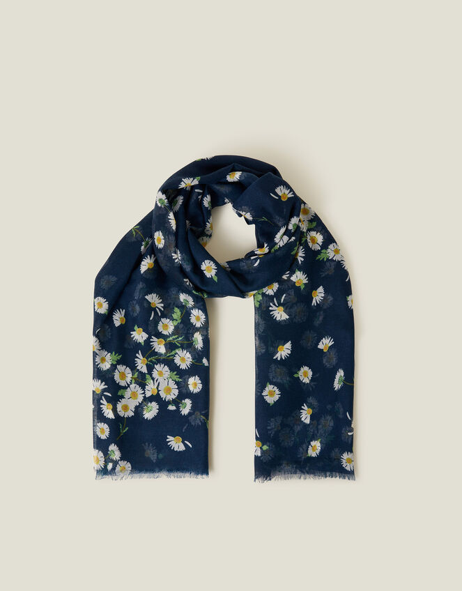 Lightweight Daisy Print Scarf, Blue (NAVY), large