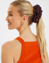 Oversized Ruffle Satin Hair Scrunchie Brown, , large