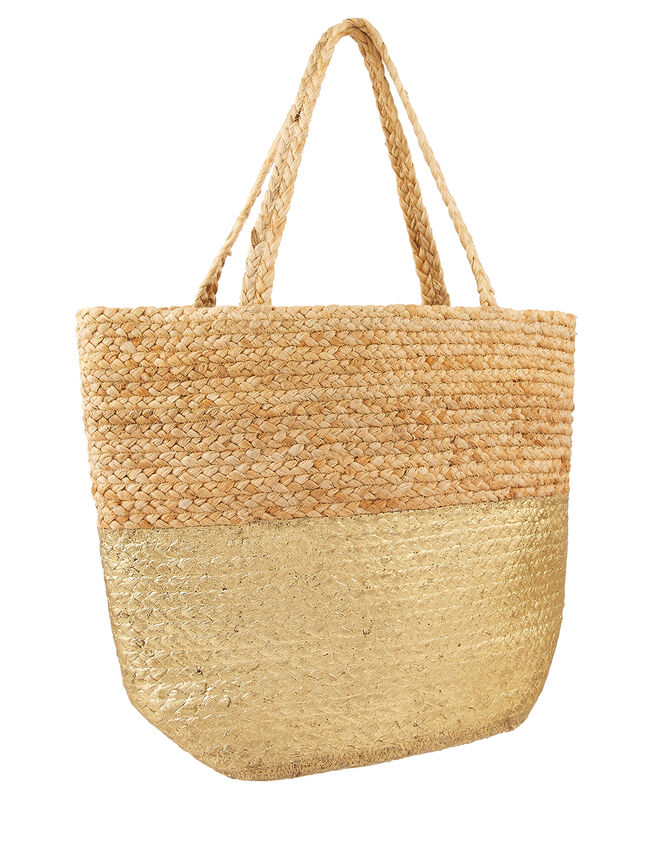Sarah Woven Beach Tote Bag with Metallic Panel, , large