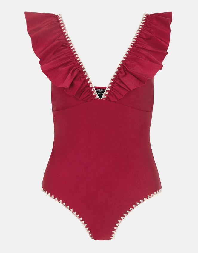 Ruffle Plunge Swimsuit, Red (RED), large